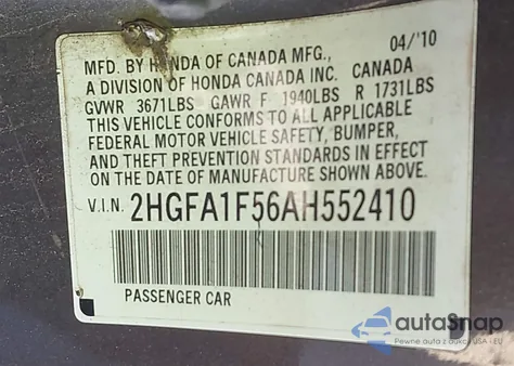 2010 Honda Civic Lx z USA, uszkodzony, nr VIN 2HGFA1F56AH552410